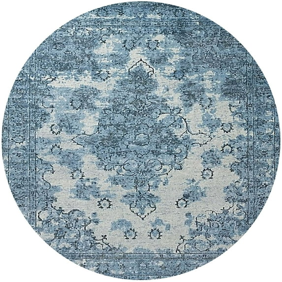 Ahgly Company Indoor Round Mid-Century Modern Azure Blue Oriental Area Rugs, 8' Round