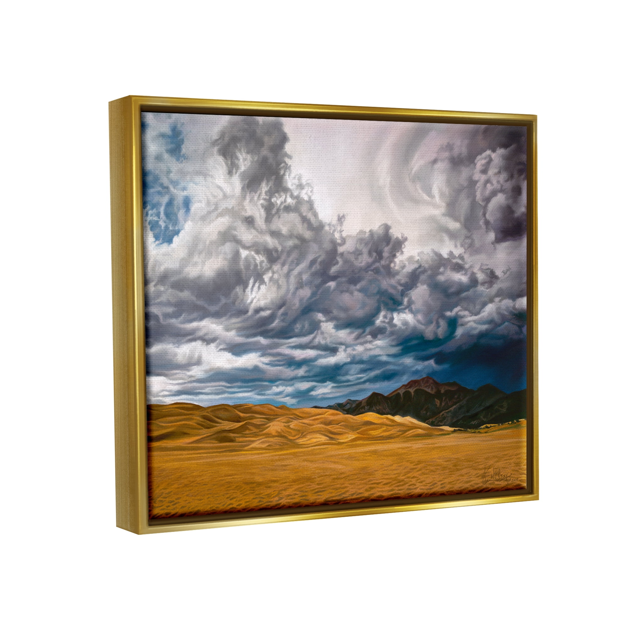 Stupell Industries Cloudy Sand Dunes Landscape Painting Gold Floater Framed Canvas Art Print Wall Art, 31 x 25