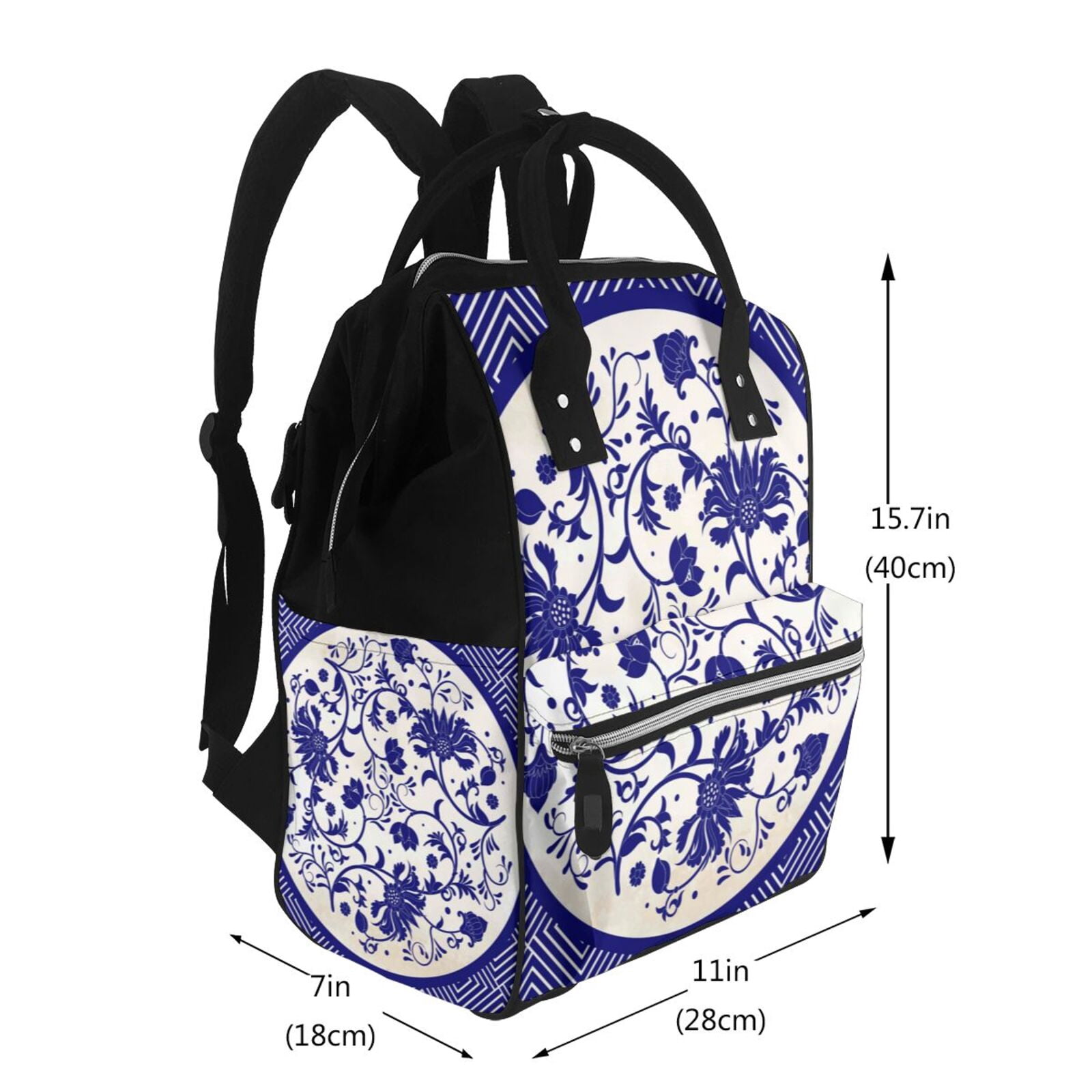 Ratiio Blue And White Porcelain Pattern Mummy Backpack - Waterproof Twill Canvas, Large Capacity Diaper Bag with Multiple Pockets and Adjustable Straps