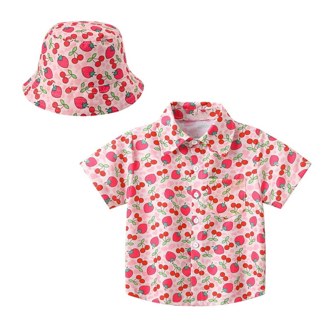 MIASHUI Boys Button Down Shirts Summer Short Sleeve Graphic Print Tops with Hat,Hot Pink,12-18 Months