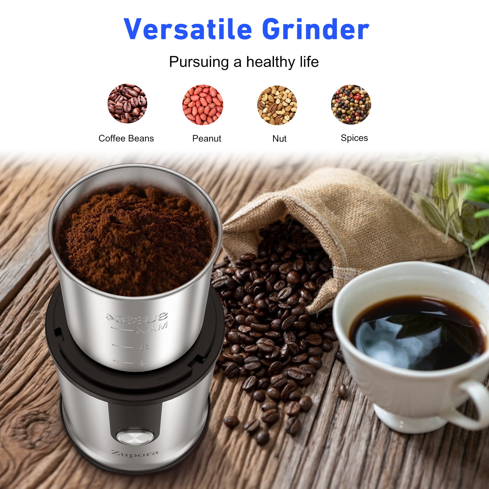 200W Electric Coffee Grinder Silver Zupora Spice and Coffee Grinder with Stainless Steel Blades and Cleaning Brush 