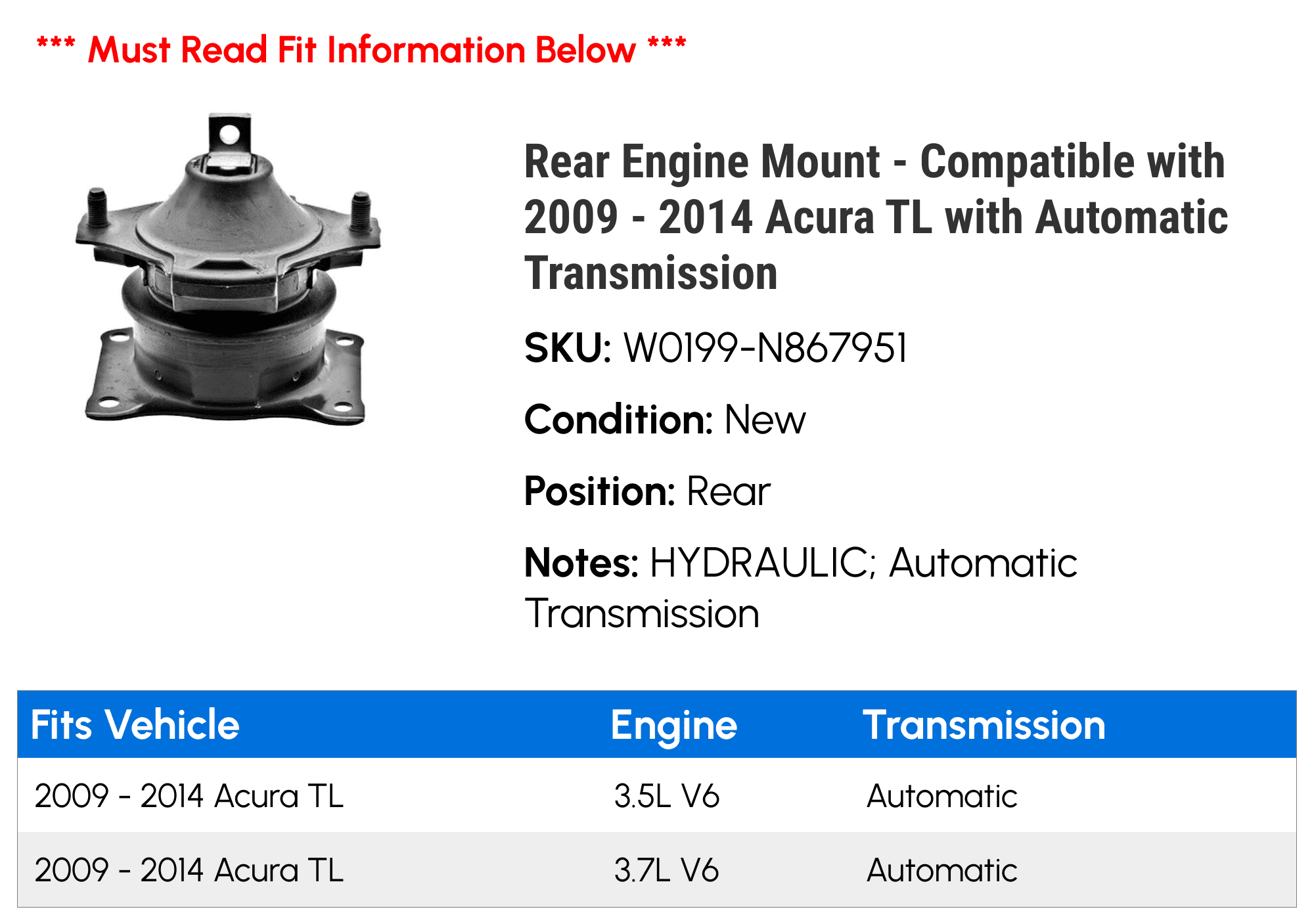 Rear Engine Mount - Compatible with 2009 - 2014 Acura TL with Automatic Transmission 2010 2011 2012 2013