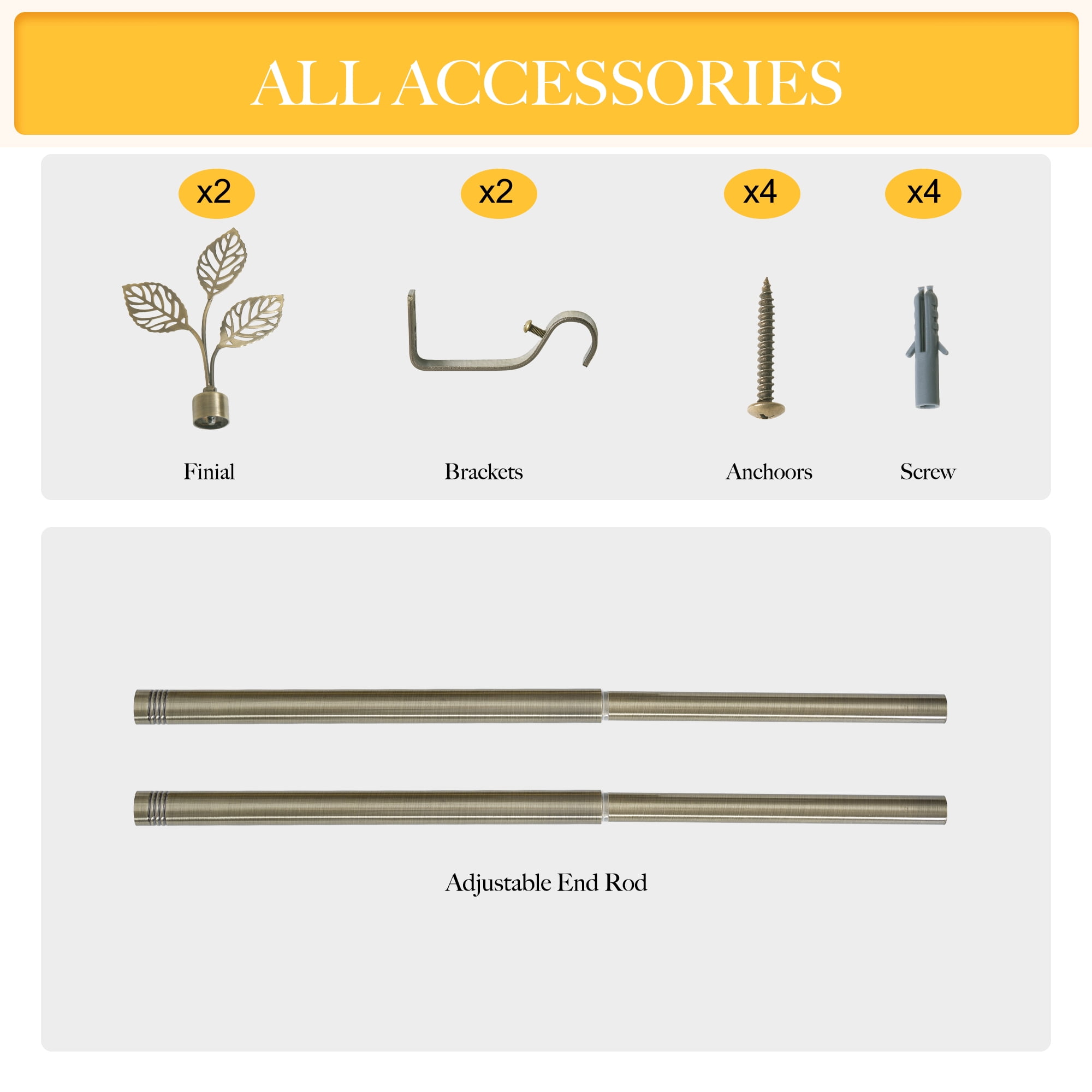 NICETOWN Brass Curtain Rod for Windows 28 to 48 inch, Adjustable Standard 1 inch Diameter Farmhouse Single Curtain Rod Set with Leaf Finials, Antique Brass