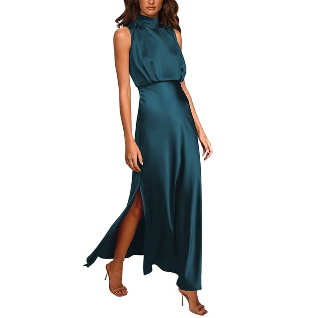Prolriy Robes de Cocktail pour Femmes Été Longue Robe Formelle en Satin Col Montant Sans Manches Fente Latérale Robe Maxi Fluide Robes de Bal 2025 Robes pour Femmes Bleu m