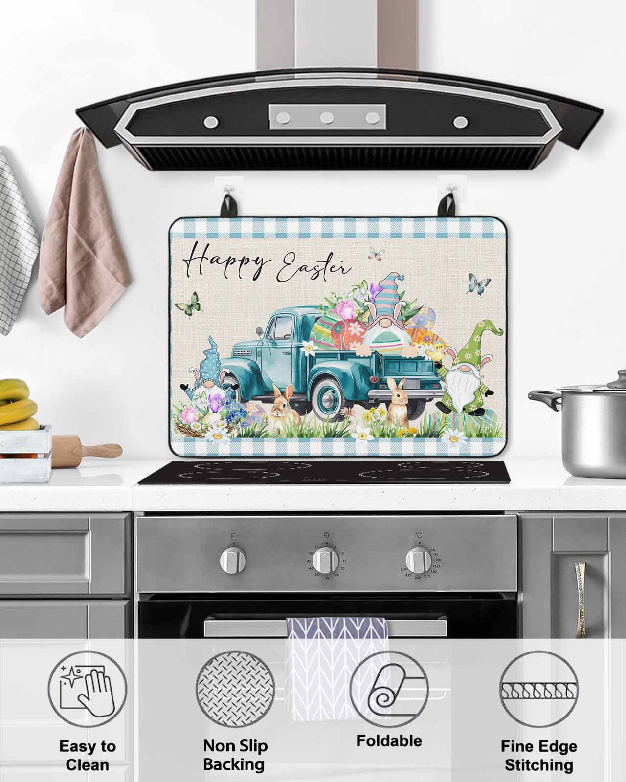 Large Induction Cooktop Protector Mat Easter Stove Top Covers for Electric Stove, Blue Plaid Truck Eggs Bunny Spring Floral Gnomes Rustic Decorative Stove Burner Cover Mats, Glass Top Stove Cover