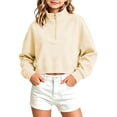 thumbnail image 3 of AKOEE Girls' Crop Sweatshirts Half Zip Plain Pullover Cotton Long Sleeve 5-16Y Sports Casual Loose Fall Tops (5-6 Years, Beige), 3 of 7