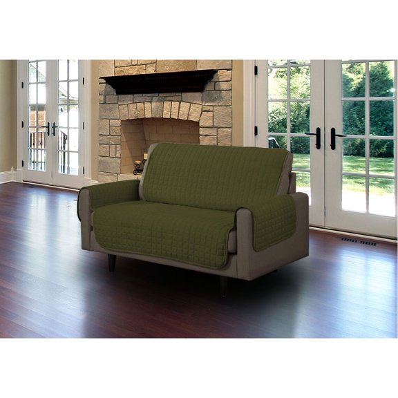 Linen Store Furniture Protector, Quilted Microsuede Machine Washable Sofa Slipcover with Tucks Perfect for Kids, Dogs, Pets (Sage, Loveseat)