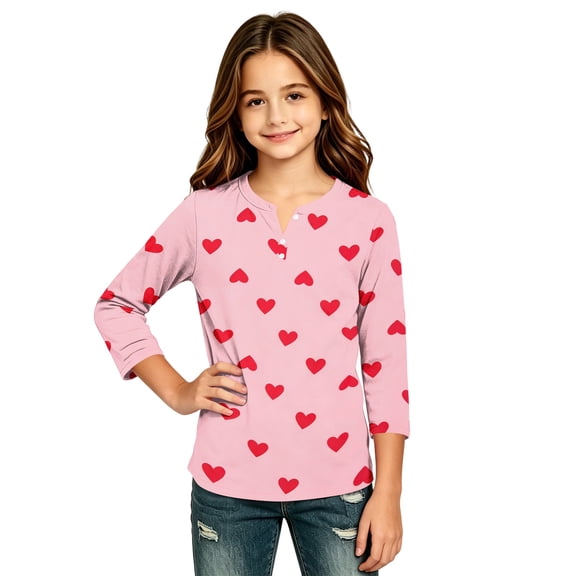 Abcomgle Girls Long Sleeve Shirts 7-8 Henley Button Winter Tee for Girls Trendy Basic Girls Tops Cotton Love Heart Girls Tunic Tops