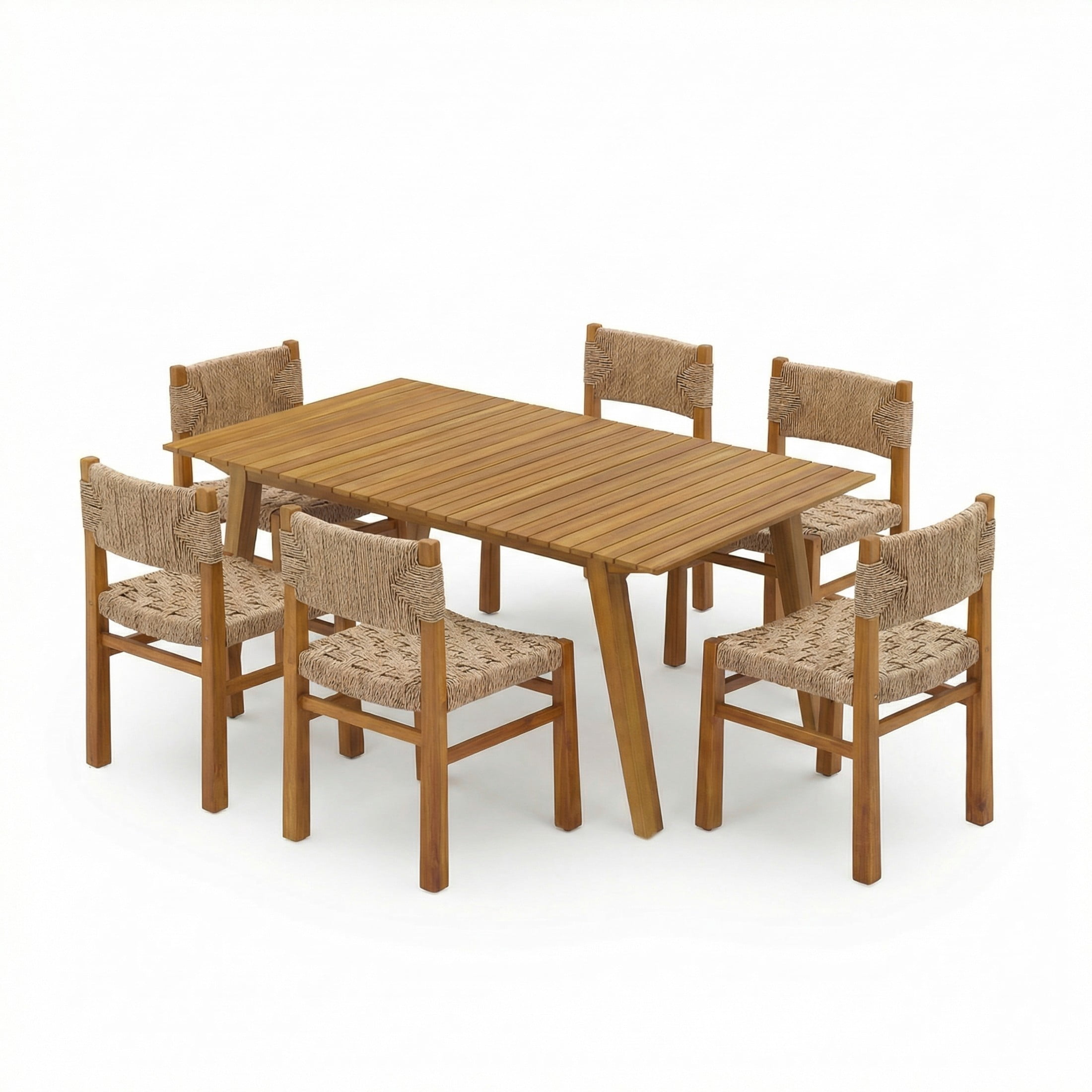 Christopher Knight Home 7-Piece Outdoor Wood Dining Set, 68.5" Teak Table and Light Brown Wicker Chairs