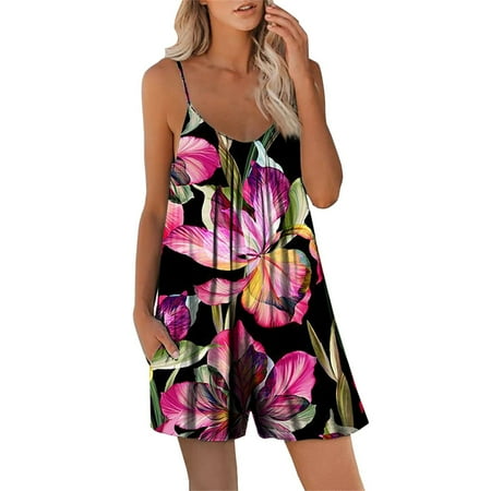 

Fancy Jumpsuits For Women Wemen Suspender Shorts Digital Print Loose Pocket Romper Red XXL