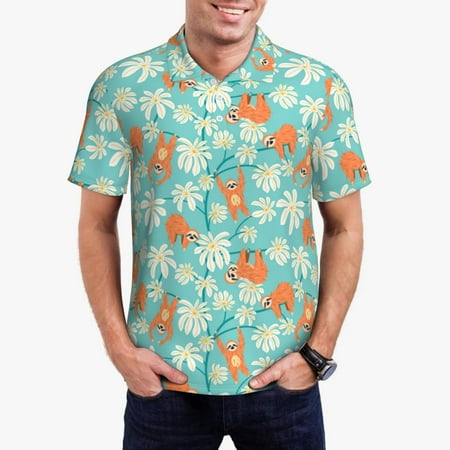 Gaeub Cute Sloth on Floral Tree Print Men s Polo Shirts Short Sleeve Golf Performance Shirts Stretchy Golf Shirts Casual Summer Beach Shirts-3X-Large