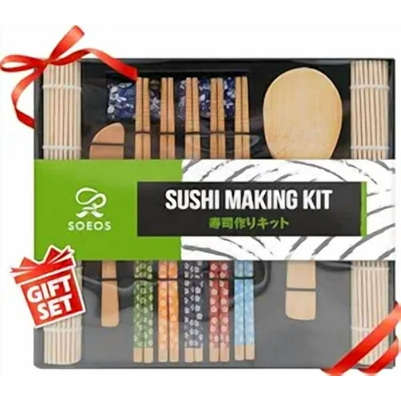 Soeos Beginner Sushi Making Kit, 10 Piece Bamboo Sushi Kit with 2 Bamboo Rolling Mats, 5 Pairs Chopsticks, Paddle, and Spreader