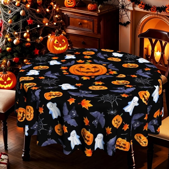 Halloween Themed Spooky Jack-o'-lantern Ghost Bat Spider Web Maple Leaf 2D Print Round Tablecloth, Decorative Table Cover for Kitchen Patio, Halloween Party Decor
