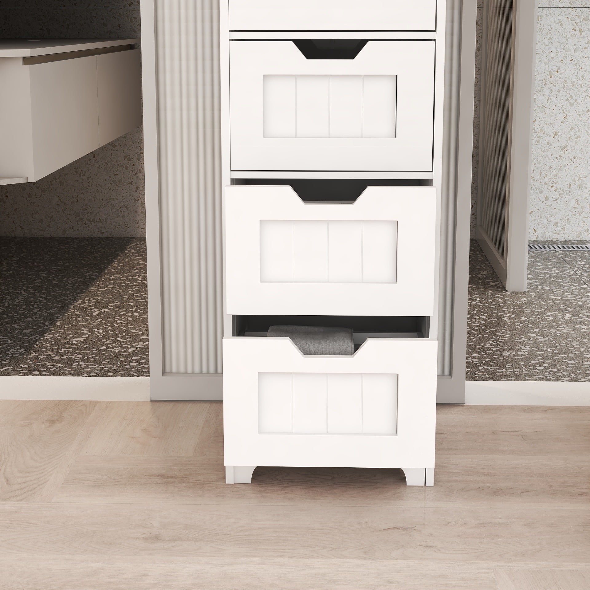 White freestanding storage cabinet with 4 drawers