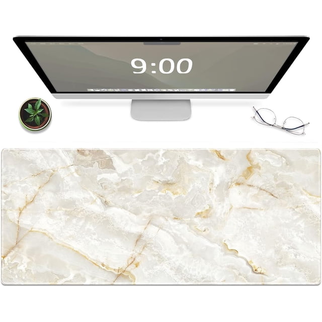 Marble Pattern XXL Large Mouse Pad - Long Extended Mousepad Desk Pad, Non-Slip Rubber Base, Stitched Edges, Thin Pad, Ideal for Computer Keyboard, 31.5x11.8x0.12 Inch