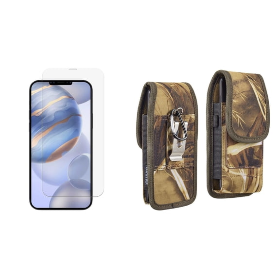 Luxmo Apple iPhone 12 Belt Holster Bundle: Vertical Rugged Nylon Carrying Pouch Clip Phone Case (2 Card Slots/Pen Holder) with Tempered Glass Screen Protector - Tree Camo