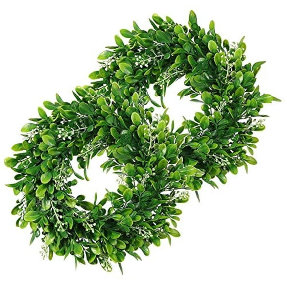 Lskytop 2 Pcs Boxwood Wreath Round Wreath Artificial Wreath Green Leaves Wreath Door Wall Window Decoration,11Inch/Pc