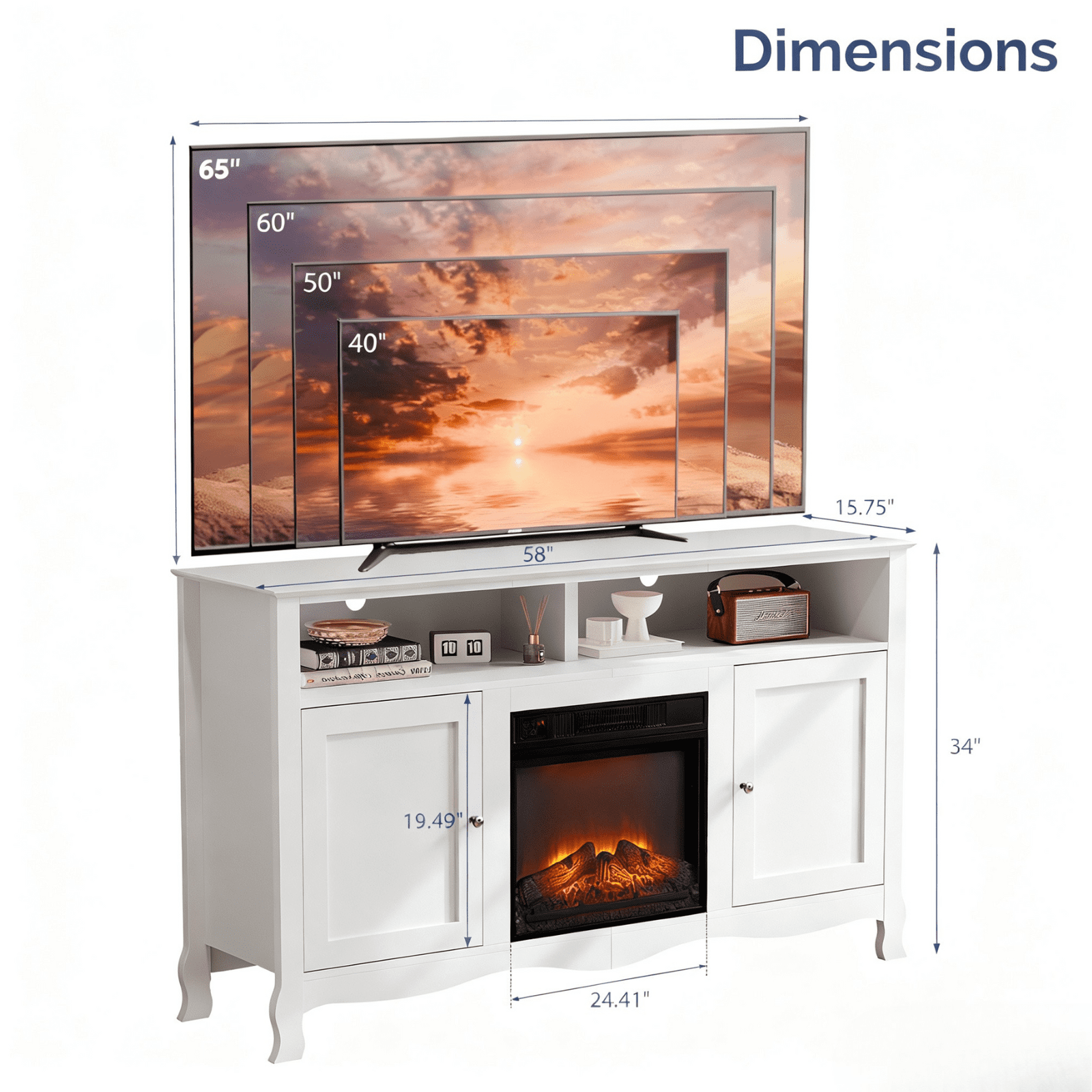Ktaxon Modern Fireplace TV Stand, White Entertainment Center Curved Design Leg with 2 Doors for 55/60/65" TVs, White