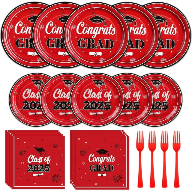 100 Pcs Assiettes et Serviettes Rouges et Noires Fournitures de Fête Décorations de Remise des Diplômes Classe de 2025 Assiettes et Serviettes en Papier Jetables Rouges et Noires pour Décorations de Fête de Félicitations