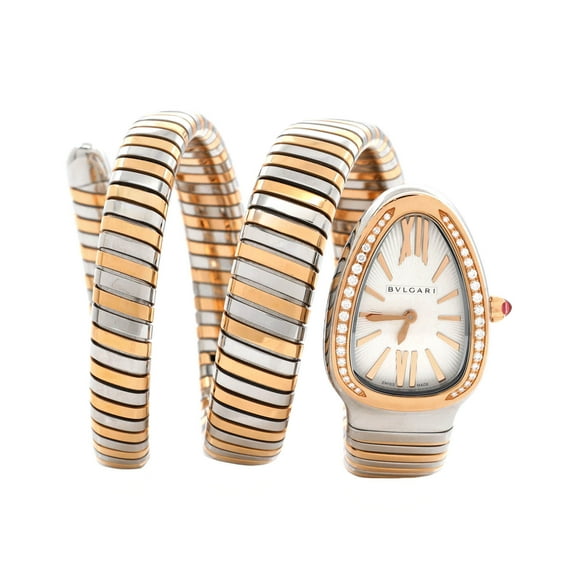 Pre-Owned Bvlgari Serpenti Tubogas Double Spiral Quartz Watch Stainless Steel and Rose Gold with Diamond Bezel 23 By Rebag