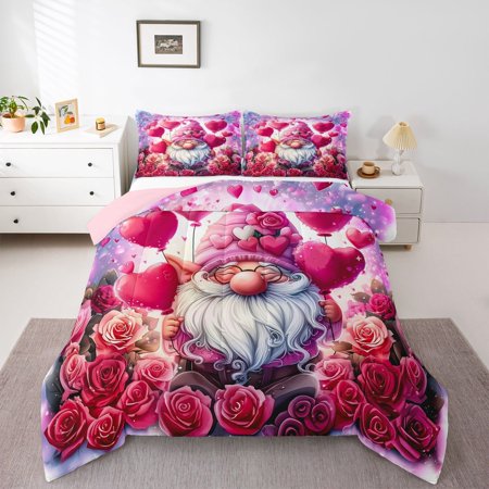 Feelyou Valentine s Day Gnome Twin Comforter Sets Pink Rose Flower Bedding Set 2 Pieces