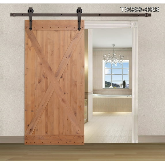 TMS 36 in. x 84 in. X Overlay Primed Natural Wood Finish Sliding Barn Door with Sliding Door Hardware Kit TSQ08-ORB
