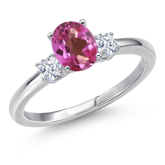 Gem Stone King 14K White Gold Pink Mystic Topaz and White Zirconia Engagement Ring for Women | 1.02 Cttw | Oval 7X5MM | Gemstone November Birthstone | Size 6
