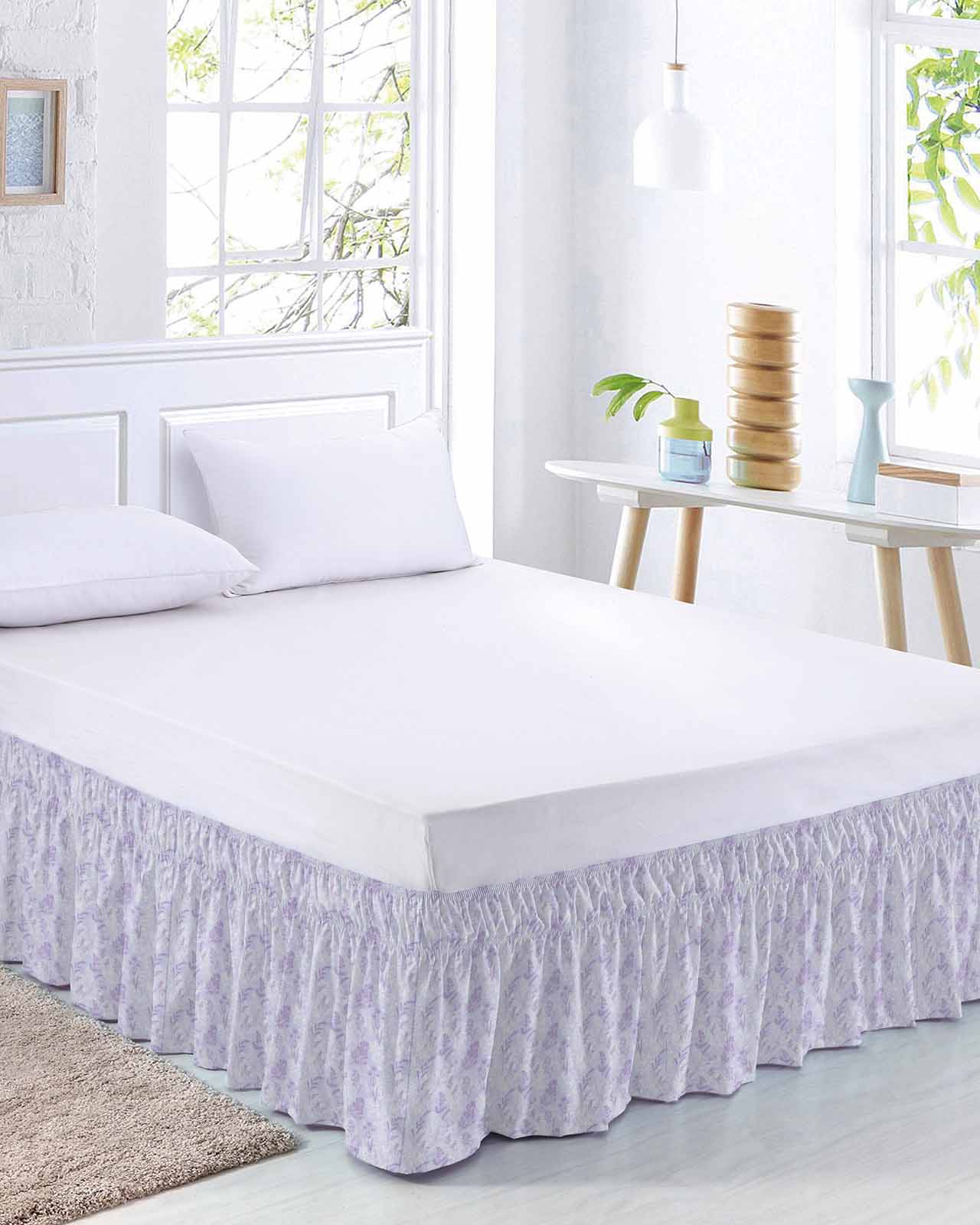 Light Purple Flowers Bed Skirt Queen Size 16 Inch Drop, Spring Lavender Floral Leaf Botanical Adjustable Elastic Dust Ruffles Bedskirt for Queen Bed Wrap Around Pleated Mattress Frame Cover