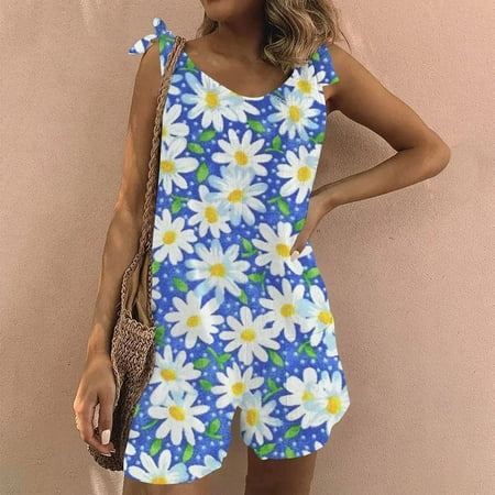 

Womens Jumpsuit Women Casual Print Pocket Romper Short Playsuit Bandage Sleeveless Jumpsuit For Vacation Beach Party