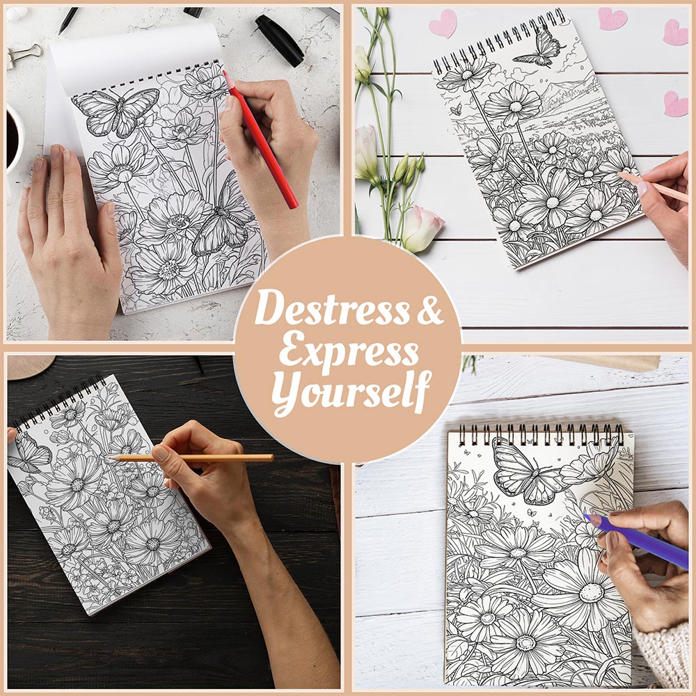 Netecom Butterflies and Flowers Coloring Book Spiral Bound For Adults, A5 Wooden Cover, 30 Enchanting Coloring Pages of Delicate Butterflies and Beautiful Blossoms for Stress Relief and Relaxation