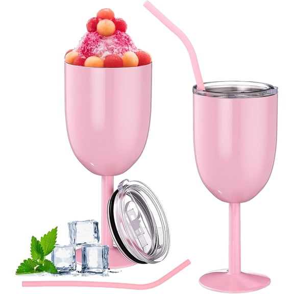 Insulated Wine Glass 10 oz Stainless Steel Margarita Tumbler Lid Straw Vacuum Sealed Mug Pink 2 Pack