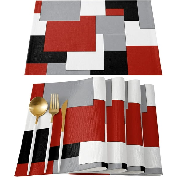 Red Black and Grey Placemats Set of 6 Modern Art Abstract Table Place Mats,Heat Insulation Table Mats Non Slip Washable Dining Placemats for Wedding Holiday Party Kitchen Decor 12x18 in