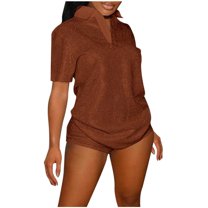 ZyeKqe Womens 2 Pieces Lounge Outfits Short Sleeve Collared T-Shirts Shorts Party Clubwear Tready Set