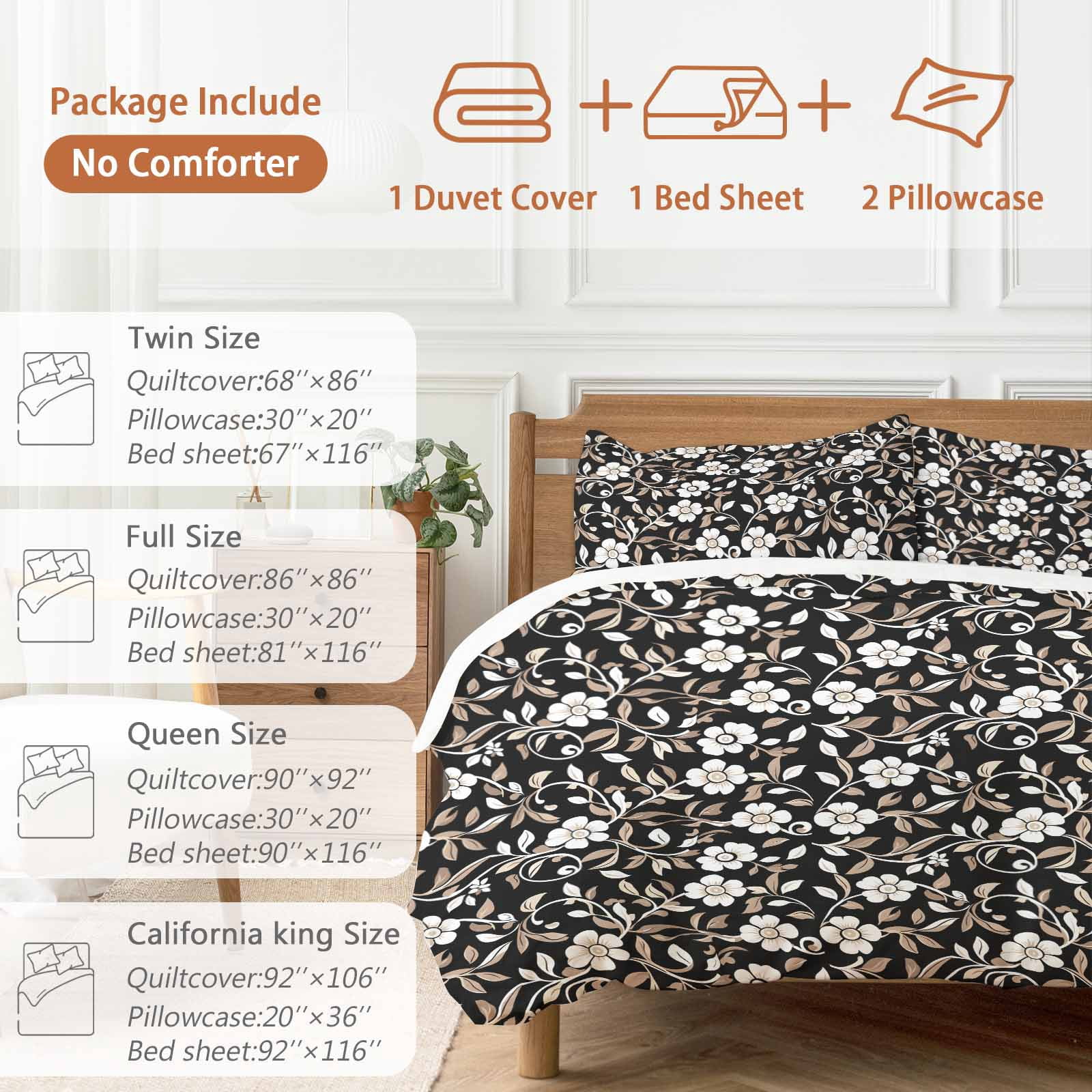 Black White Floral Duvet Cover Set, Farmhouse Vintage Botanical Leaves Soft Duvet Cover California King Bedding Set 4 Pieces, 1 Quiltcover and 2 Pillowcases with Zipper, 1 Bed Sheet for All Seasons