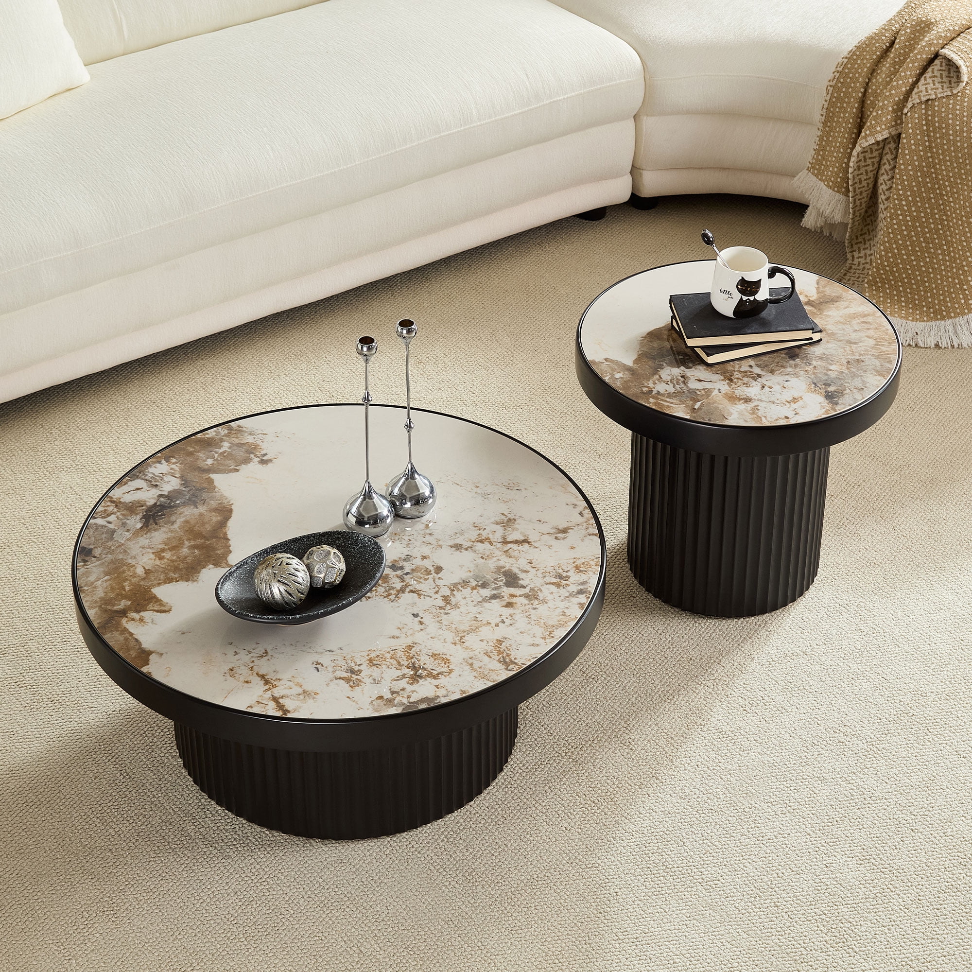 Kevinplus Round Coffee Table Set of 2 with Stone Tabletop for Living Room ,Apartment,Leisure Area, Black