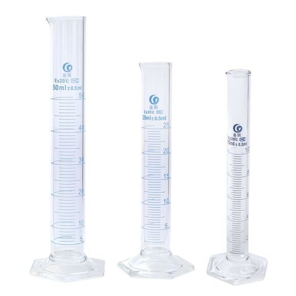 Juego de cilindros graduados de vidrio borosilicato 3.3 Uxcell de 10, 25, 50 ml, base hexagonal con graduaciones azules
