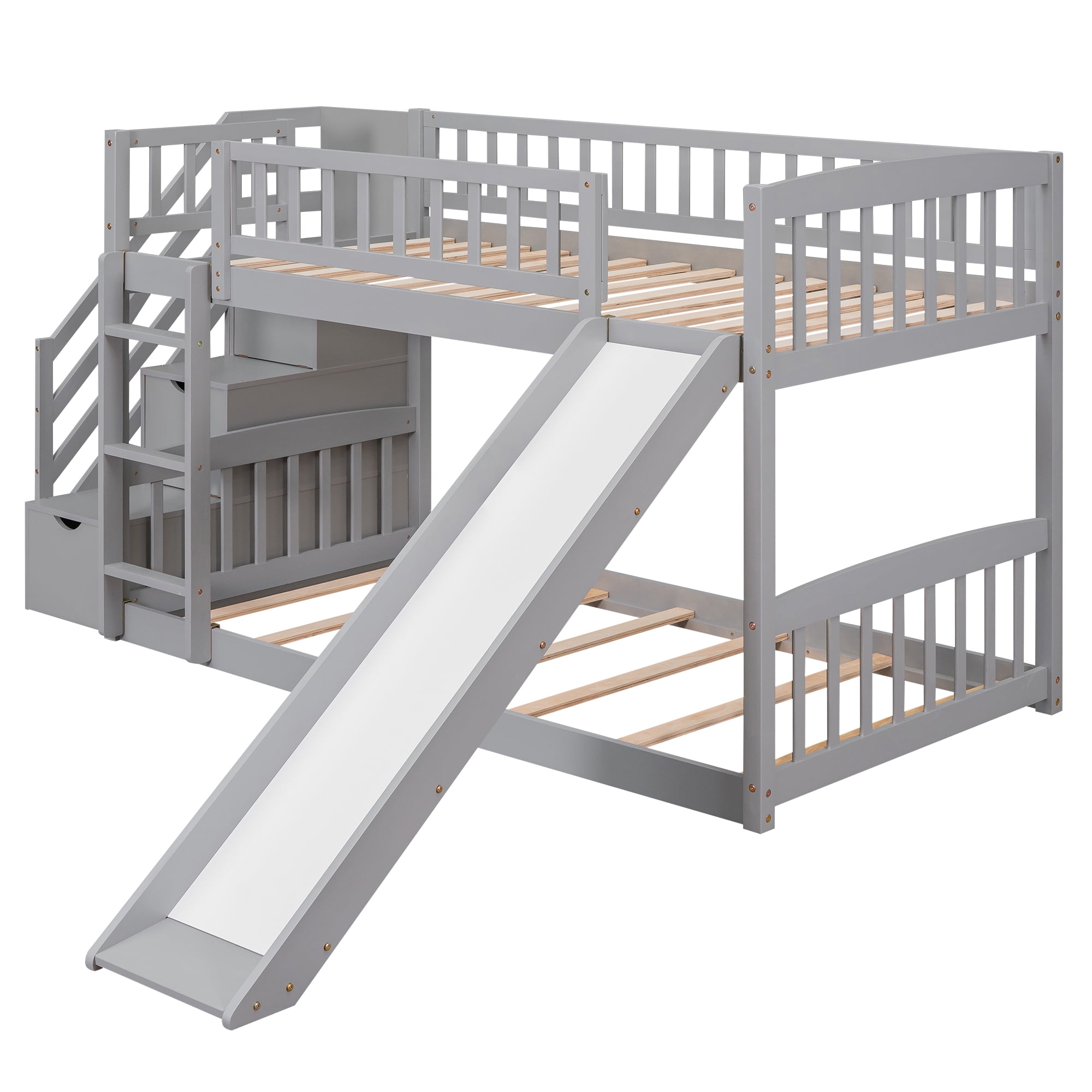 Mintazer Twin Over Twin Bunk Bed with Storage Staircase & Convertible Slide, Kids Bunk Bed Frame with Guardrails & Ladder, No Box Spring Needed, Gray