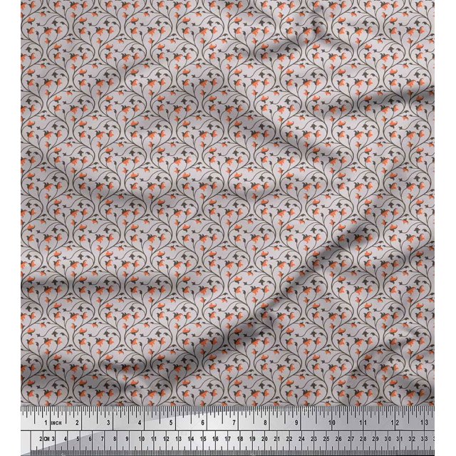 Soimoi Gray Poly Georgette Fabric Artistic Leaf & Floral Printed Fabric 1 Yard 52 Inch Wide