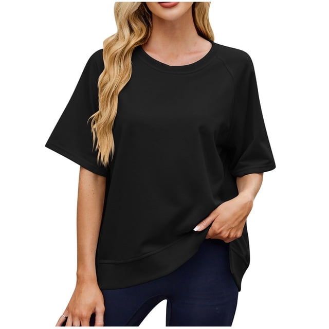 Timegard Womens Tops Trendy Round Neck Short Sleeve T Shirts Casual Loose Solid Color Comfy Basic Top