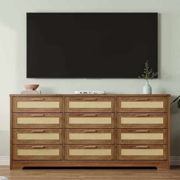LIZHOUMIL Farmhouse 12-Drawer Dresser with Rattan, 63" Wood Chest, Neutral Finish