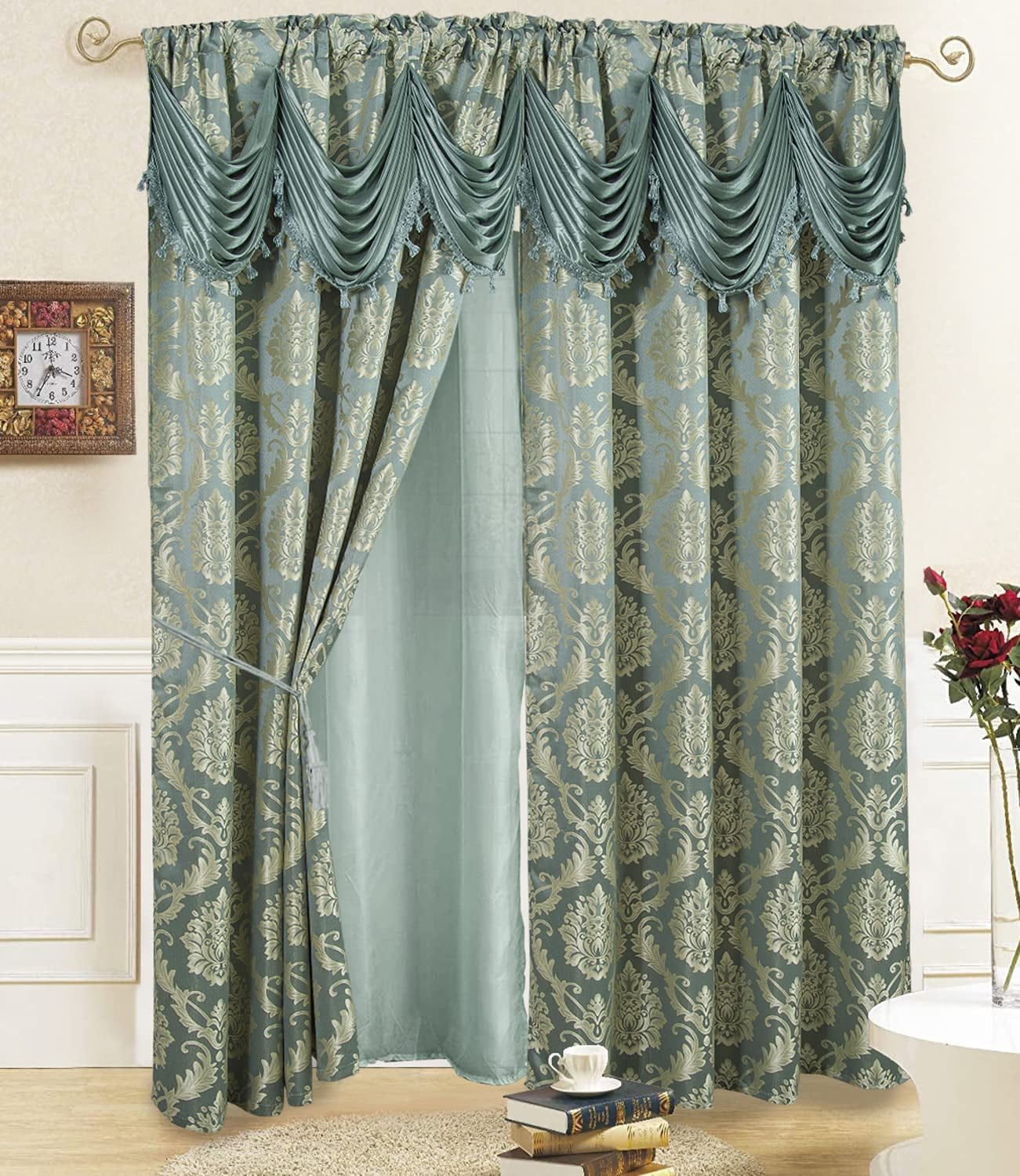 Luxurious Jacquard Window Curtains 2 panel set with Attached Valance ...