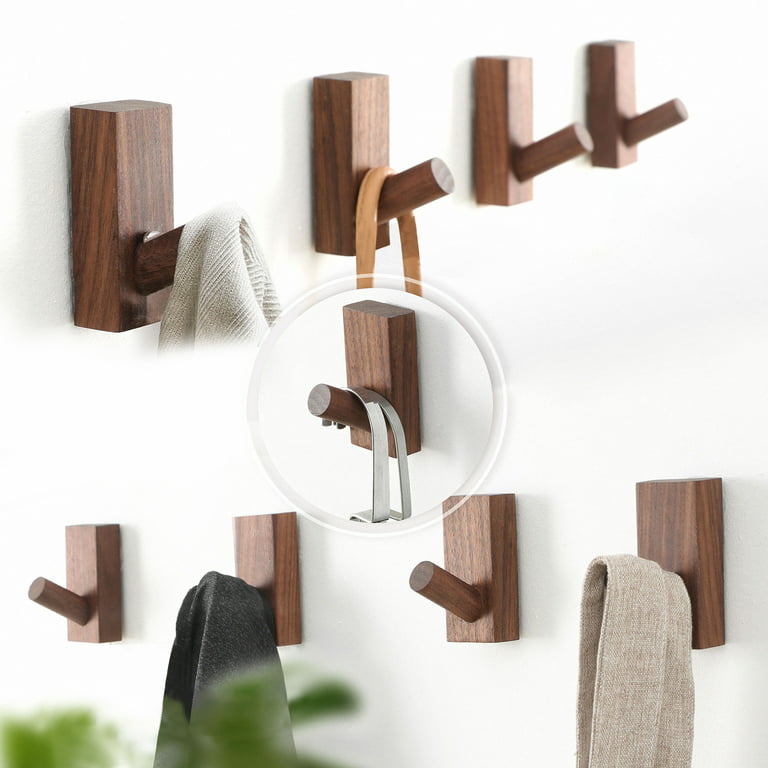 LECHYN 4 Pack Wooden Wall Hooks for Hanging, Adhesive Mounted & Wall Mount  Boho Decorative Walnut Wood Coat Hooks for Towel Clothes Blanket Hat