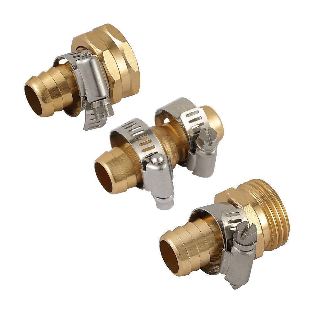 Wideskall 5/8" Brass Garden Water Hose Repair Mender Male Connector With Stainless Steel Clamp (Pack Of 5