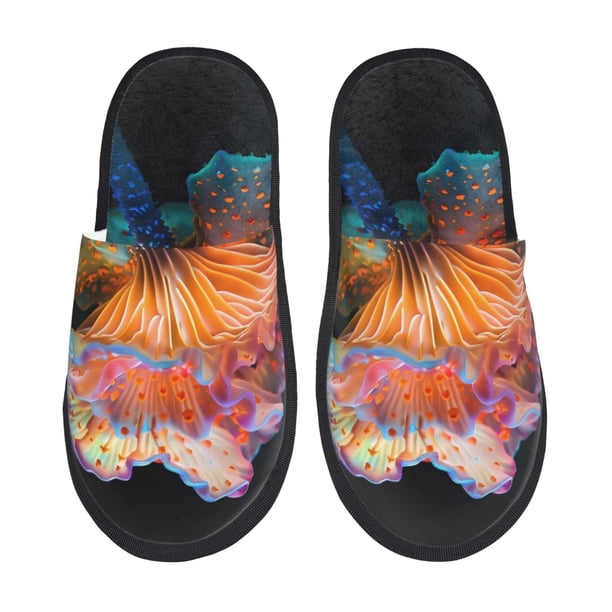 Fotbe Bioluminescent Underwater Flower Pantuflas Peludas para Mujer con Estampado, Zapatillas de Peluche, Zapatos de Invierno para Casa, Uso Interior y Exterior-Large