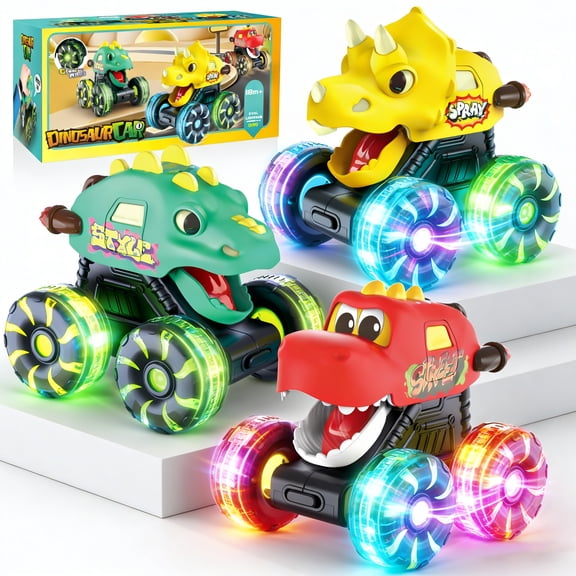 JUGAAD LIFE 3 Pack Dinosaur Monster Truck Toys for 1 2 3 Year Old Boys - LED Wheels Car Vehicle Press & Go Baby Toy Truck with Light for Toddler Kids Birthday Gift