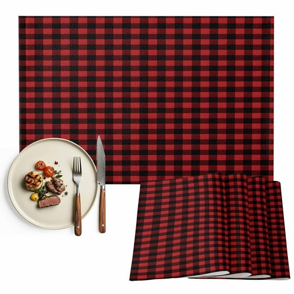 Christmas Placemats Set of 8, Rustic Farmhouse Red Black Buffalo Check Plaid Pattern Table Mats Washable Heat-Resistant Non-Slip Place Mats for Kitchen Dinner Table Indoor Outdoor Decor,13x19 Inch