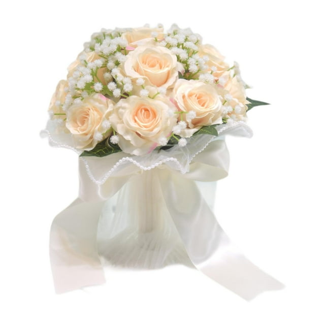 Ramo de novia para novia con flores artificiales de rosas y gypsophila. Champán
