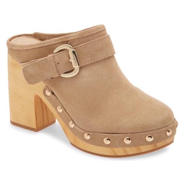 Steve Madden Hilde Taupe Wooden Clog Round Toe SlipOn Mule Heel Tan Suede (9.5, Tan Suede