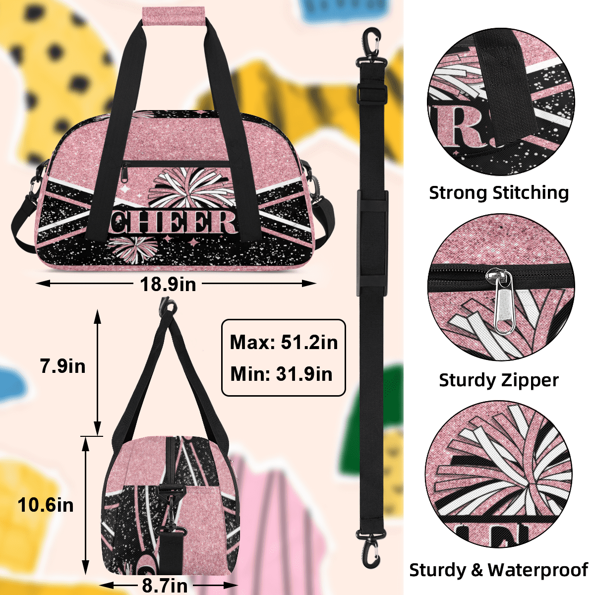 Herdesigns Cheer Bags Sport Duffle Bag Coral Pink Cheerleader Gym Bag Overnight Travel Bags Waterproof Weekender Bag Carry On Travel Tote Bag Dance Bags