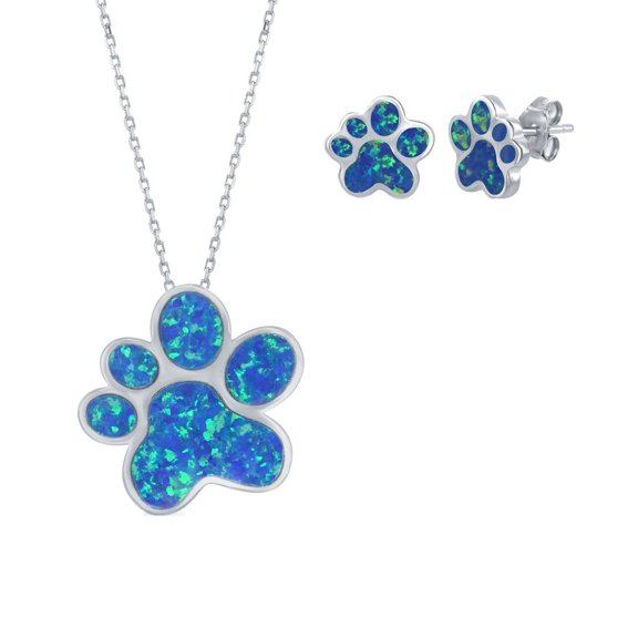 iJewelry2 Sterling Silver Blue Opal Paw Print Necklace and Earrings Set